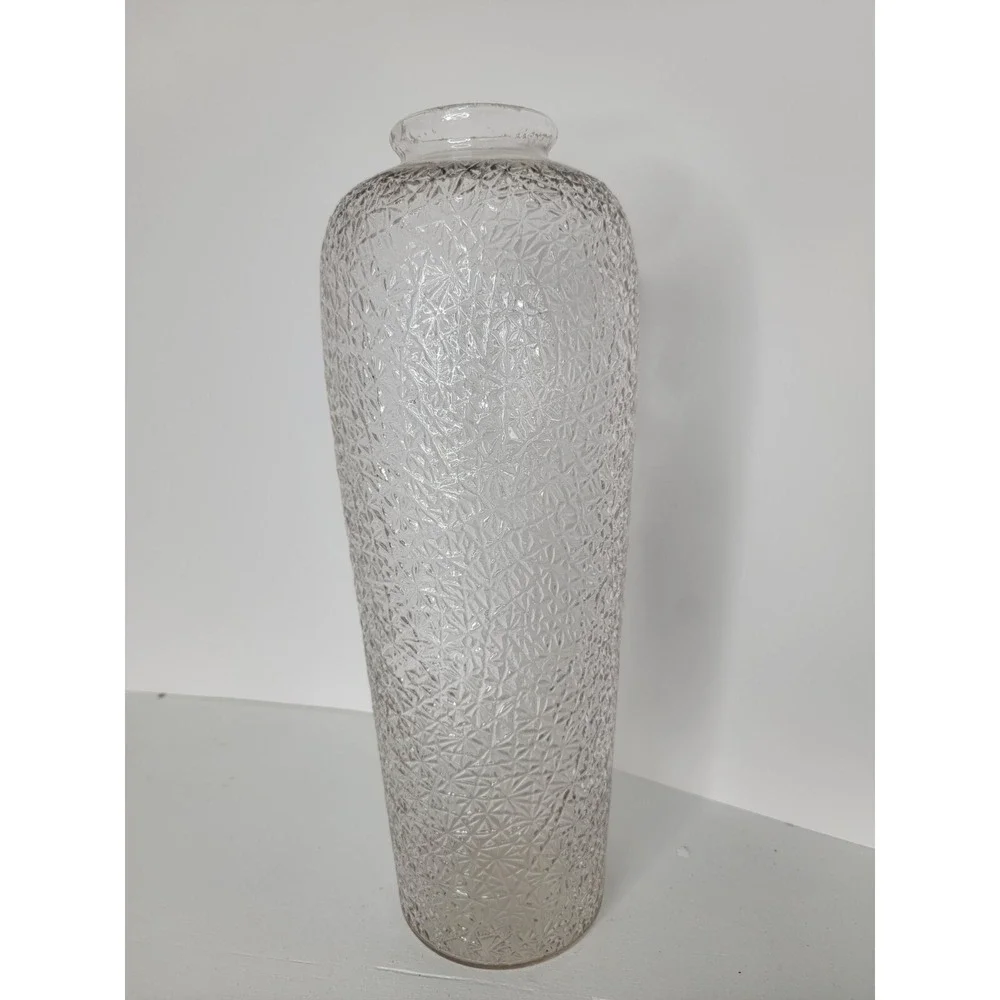 Vintage Clear Glass Rose Vase Embossed Floral Textured UV Manganese Glow Tall
